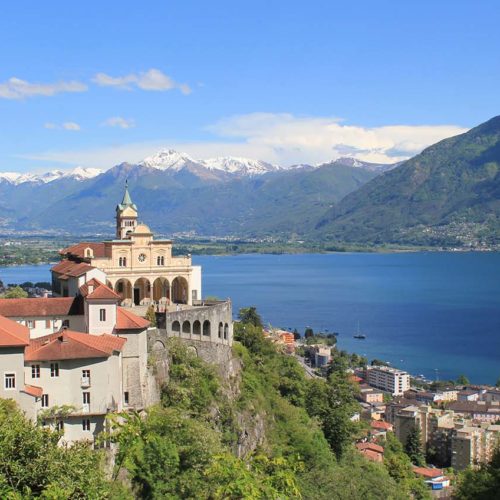 Lake Maggiore, Switzerland. Santuary of Madonna del Sasso, the Alps.