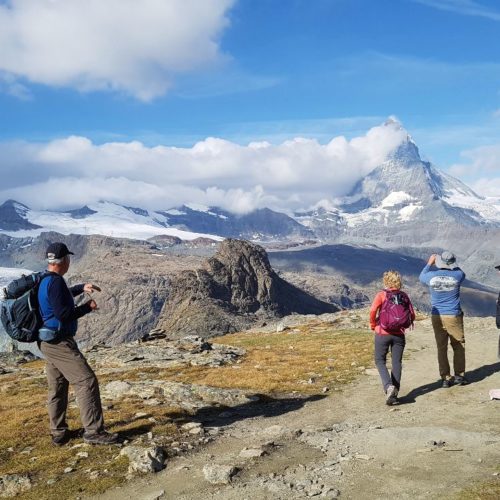 Hiking down from Gornergrat, the majestic Matterhorn is a sight to behold.